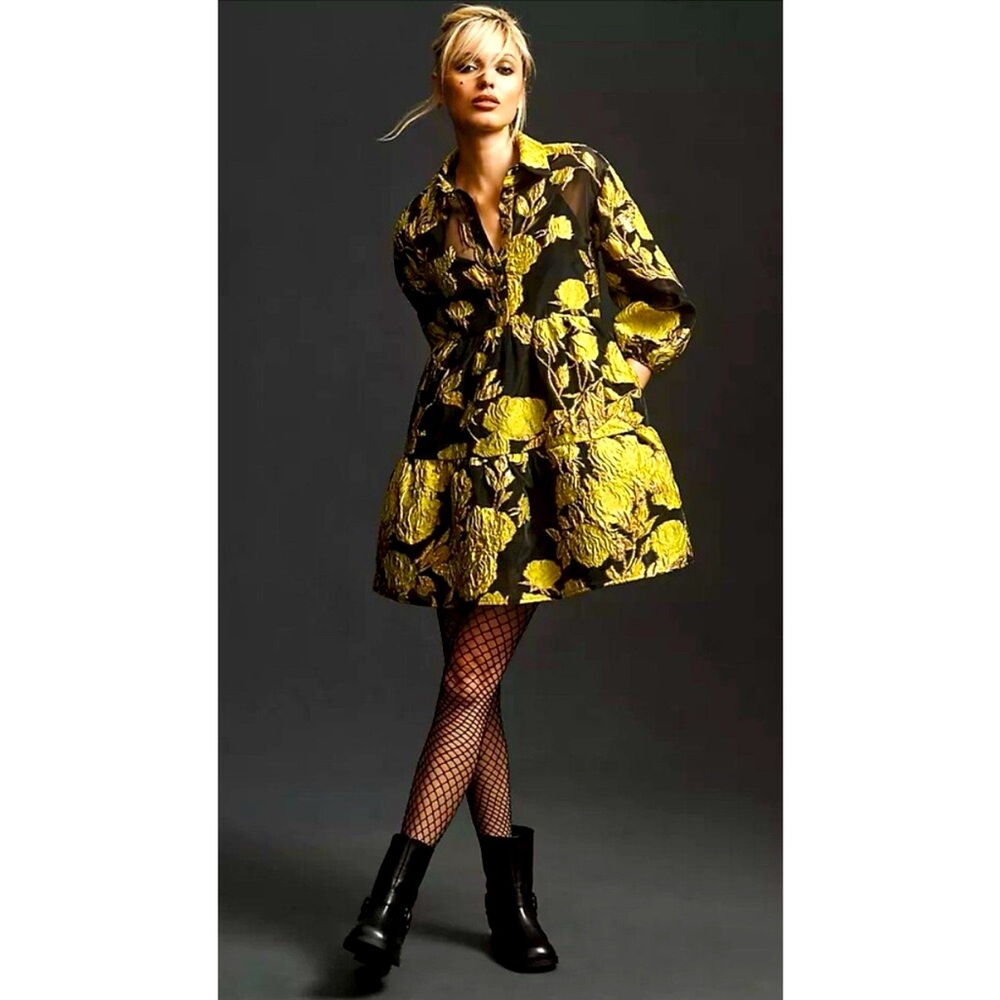 Anthropologie Maeve Bettina Gold & Black Metallic Puffy Mini Dress 1X NWT